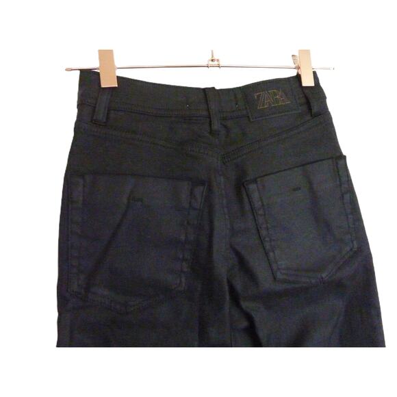 Zara Black Denim Jeans 2 Wax Coated Faux Leather Straight - Picture 4 of 6